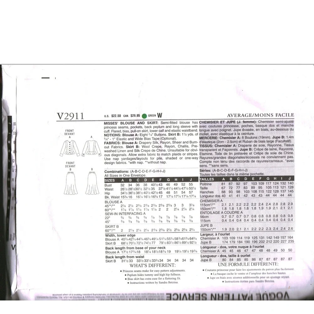 Vogue V2911 Sandra Betzina Today's Fit Blouse Skirt Sewing Pattern Sizes A-J OSZ